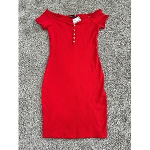 Popular 21 Red Ribbed Off-The-Shoulder Button Front Bodycon Mini Dress M DY7194